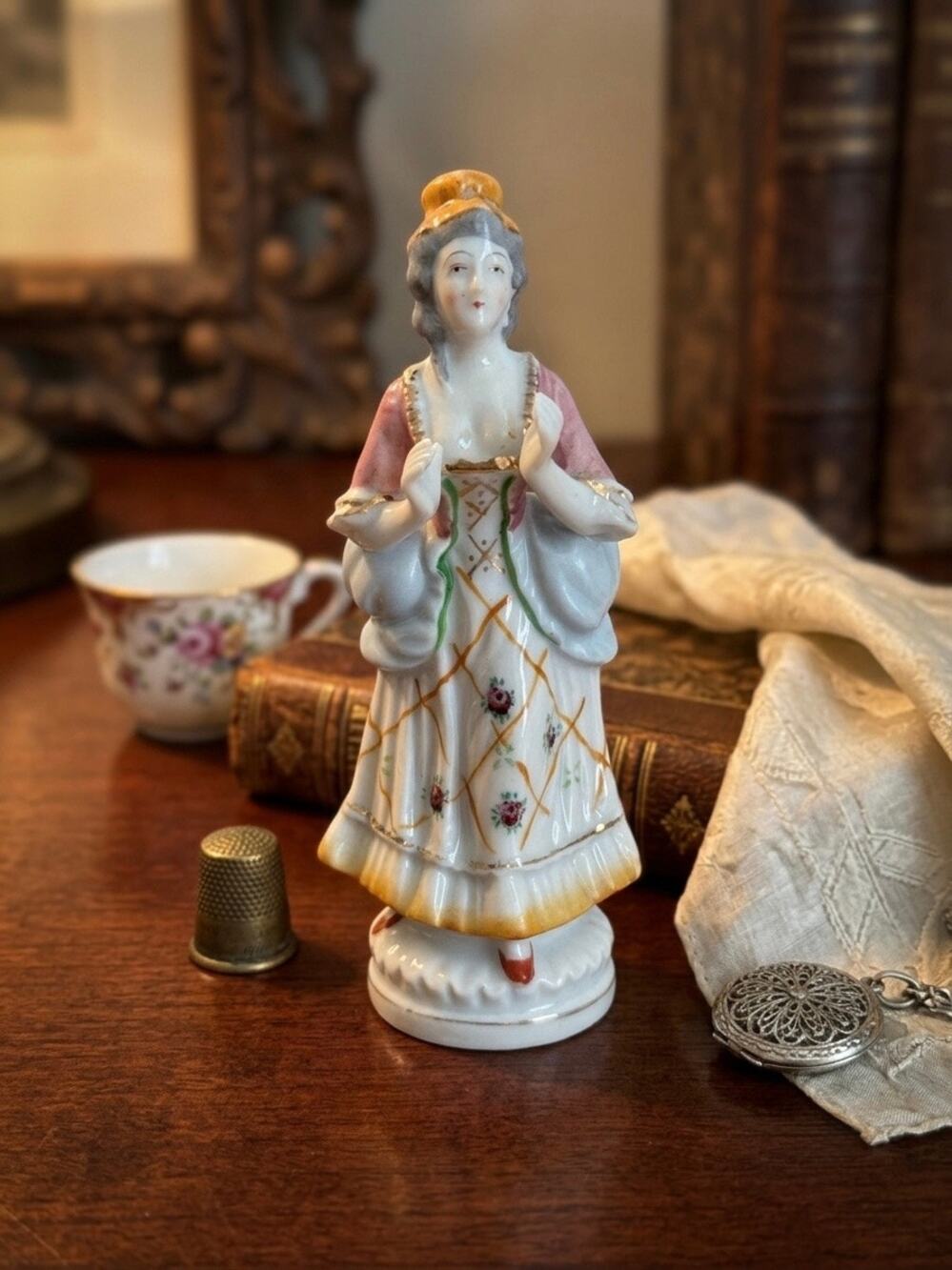 Vintage Porcelain Lady Figurine Occupied Japan Colonial Victorian Hand Painted